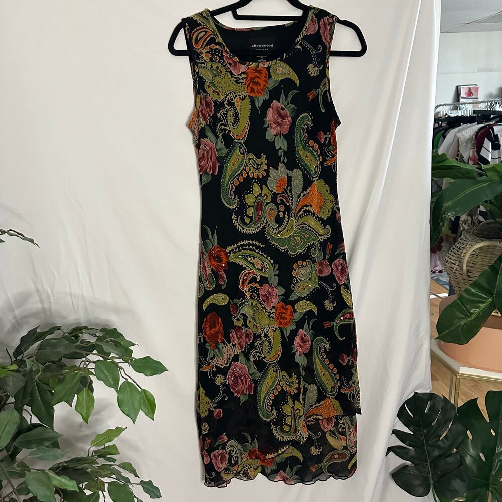 Vintage Floral Paisley Sequin Midi Sheath Dress Black Medium - Picture 6 of 7